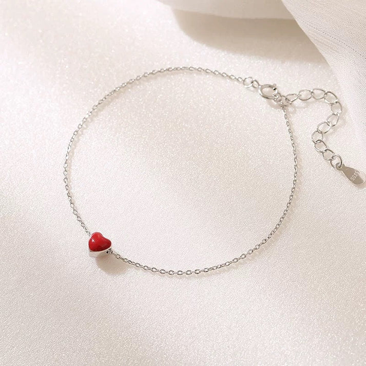 S925 Silver Bracelet Female Korean Style Red Heart Bracelet